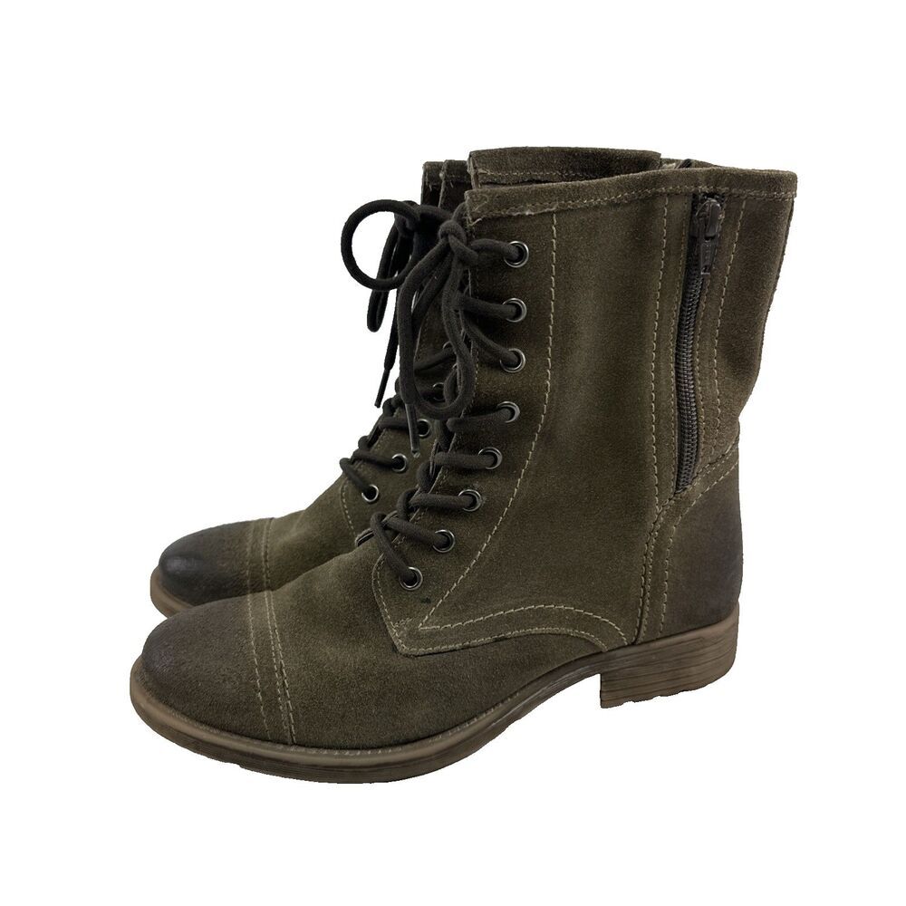 Roan Affair Tan Suede Burnished Boot Lace Up Mid Zip Combat Biker Womens 8.5